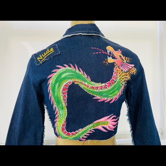 NWT $199 Vintage Y2K NUDE Los Angeles Sequin DRAGON Cropped JEAN JACKET M - Picture 8 of 16